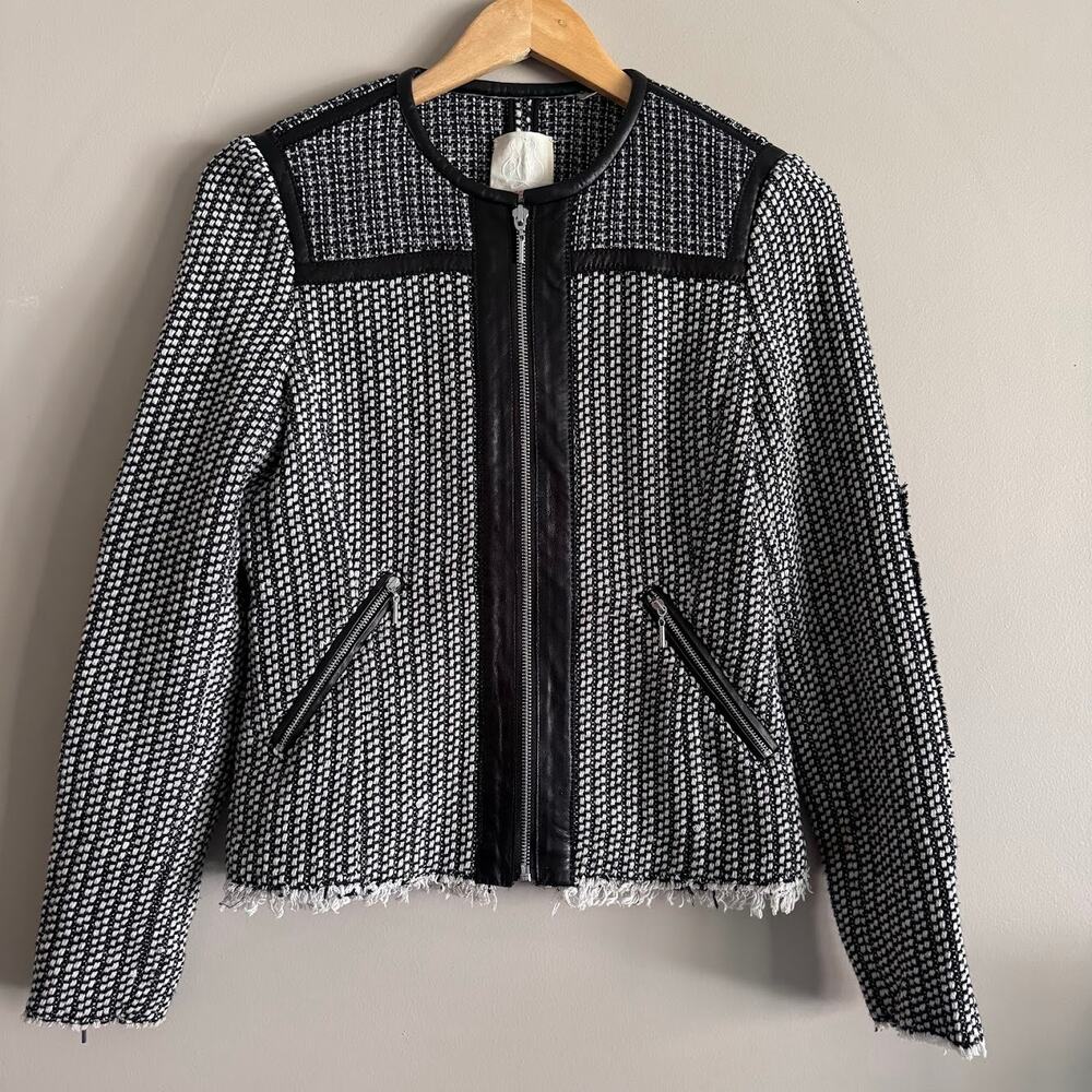 ❌SOLD❌ Rebecca Taylor Black and White Tweed Lamb Leather Trim Zip Jacket Blazer - Picture 2 of 11